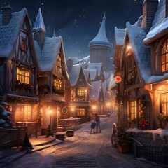 Snowy winter night in a small town. Christmas and New Year background - obrazy, fototapety, plakaty