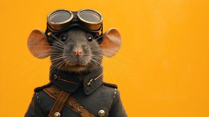 Rat in Military Coat on Orange Background