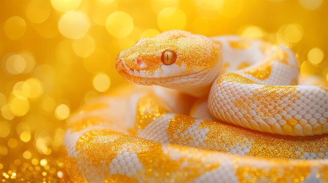Albino snake with blurred gold background, glitter and blurred background, white snake represent year of snake, happy Chinese new year,