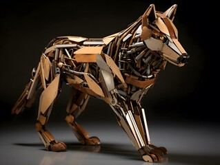 3d rendering of a golden dog made of cardboard on a dark background