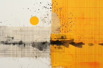 Abstract Geometric Presentation with Yellow, Orange, and Black Circles on Vintage Paper, Layered...