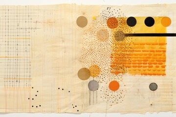 Abstract Geometric Presentation with Yellow, Orange, and Black Circles on Vintage Paper, Layered and Textured Mixed Media Pieces, Dotted Style, Surface Illustration, Digital Art Wall Art