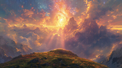 Person Standing on Hill Overlooking Mountains and Light: Surreal 3D Landscapes, God Rays, Digital...