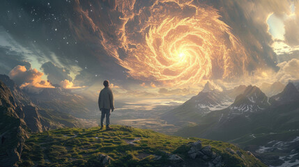 Person Standing on Hill Overlooking Mountains and Light: Surreal 3D Landscapes, God Rays, Digital Art Illustrations, Swirling Vortexes, Epic Landscapes, Mountain Landscape, and Sunset