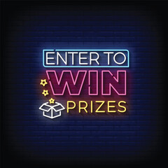 Neon Sign enter to win prizes with brick wall background vector