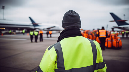 Airport Ramp Agent in Reflective Safety Vest Walking on Apron Among Parked Airplanes. Aviation Ground Operations Concept