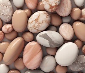flat-lay view. A set of polished gray-orange pebbles with beautiful patterns.