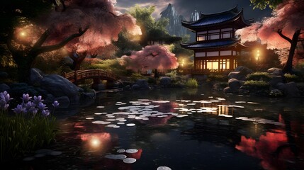 Korean traditional landscape with temples and pond at night. Panorama