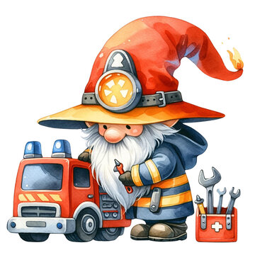 cute watercolor firefihter gnome 