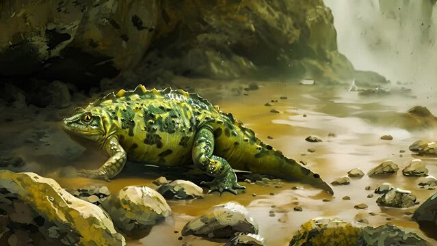 A armored amphibian crawls along the rocky bottom of the thermal vent its tough scales protecting it from the scalding hot waters.