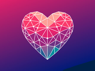 Polygonal love valentine heart made of connected lines and dots on blurred gradient multicolor background for greeting card. Valentine's Day holiday banner concept