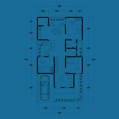 Architecture plan with furniture. home floor plan, isolated on blue background, stock illustration.