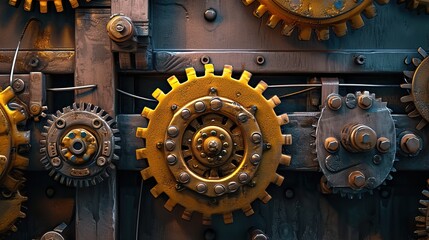 Mechanism, gears and cogs at work. Industrial machinery. copy space.