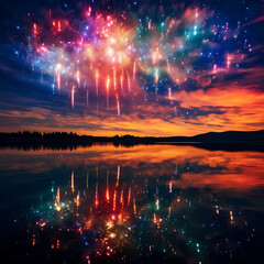 Colorful fireworks reflecting in a calm lake. 