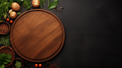 Wood texture background with cooking ornaments for a food menu theme. Copy space background area.
