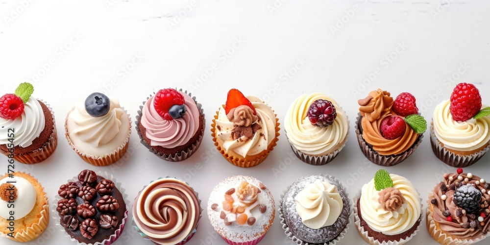 Aufkleber many different cupcakes are arranged in a row. generative ai.