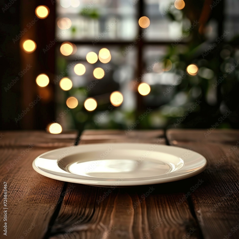 Poster empty plate on wooden table with lights in background. generative ai.