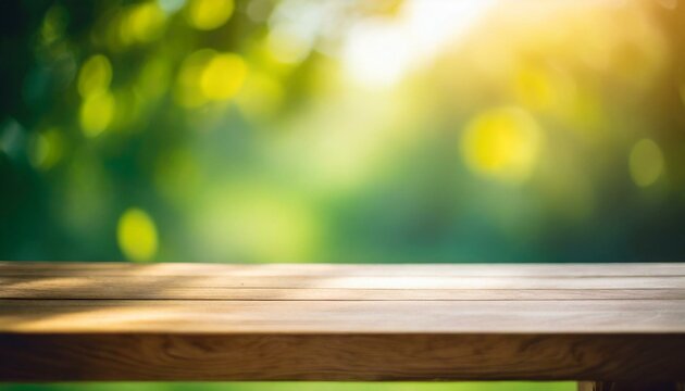 : the beauty of simplicity with an empty wooden desk tabletop, offering ample copy space. Placed against a backdrop of a vibrant spring and summer blur, serves as an ideal table with bokeh background