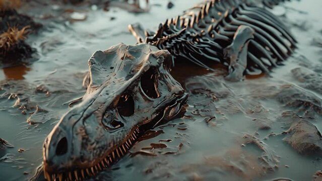 A timelapse image of a dinosaur fossil slowly dissolving in a pool of oil representing the destructive nature of fossil fuels on organic matter over time.