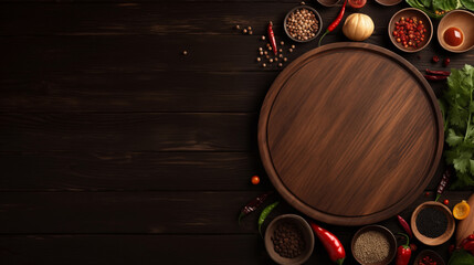 Wood texture background with cooking ornaments for a food menu theme. Copy space background area.