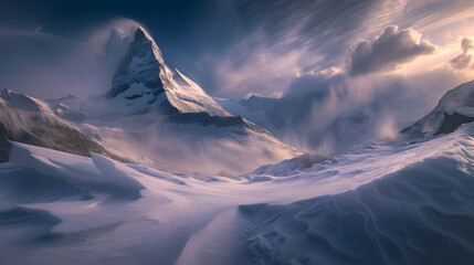 A snow covered mountain during incredible winds at its peak. Snow is blowing from its top, - Powered by Adobe