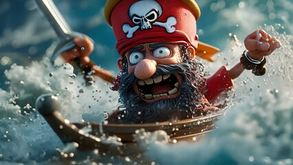 A helmet dressed as a pirate brandishing a saber and shouting Safety or walk the plank as a playful reminder to always wear a helmet when participating in water sports.