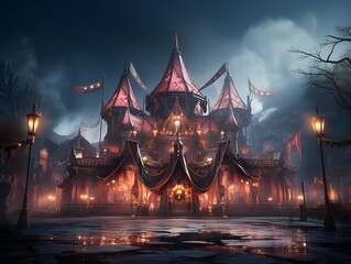 Fairy tale castle in a foggy night. 3d rendering