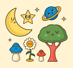 Cartoon characters groovy elements trendy retro style