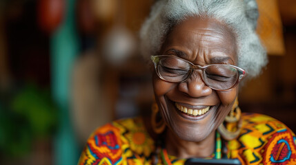 Fototapeta premium Senior African-American woman laughs and smiles while looking at the smartphone screen. The expression of emotional images through the pleasure of communicating with family