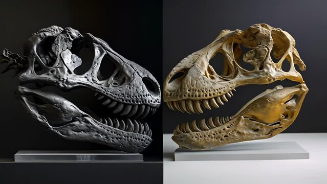 A comparison image of a 3D printed replica and the original fossil of a Allosaurus skull showcasing the remarkable accuracy and precision of this technology.