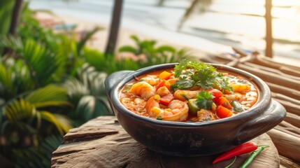 Beautifully Moqueca traditional Brazilian seafood stew, rich in colors with shrimp, bell peppers, tomatoes, and cilantro, served in a traditional black clay pot on wooden table with beach and a sunset