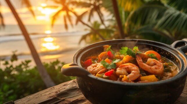 Beautifully Moqueca traditional Brazilian seafood stew, rich in colors with shrimp, bell peppers, tomatoes, and cilantro, served in a traditional black clay pot on wooden table with beach and a sunset