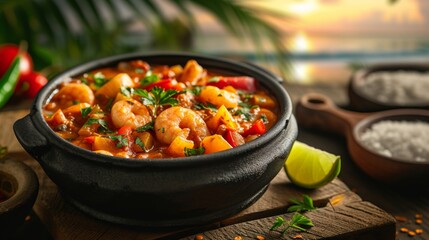 Beautifully Moqueca traditional Brazilian seafood stew, rich in colors with shrimp, bell peppers, tomatoes, and cilantro, served in a traditional black clay pot on wooden table with beach and a sunset