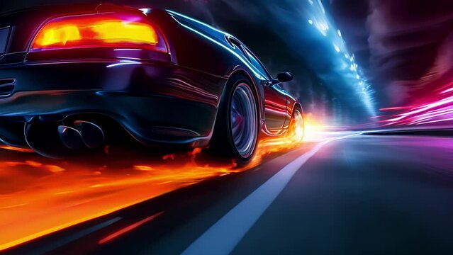 As the car speeds down the road the camera focuses on the chrome exhaust pipes emitting bursts of colorful flames.
