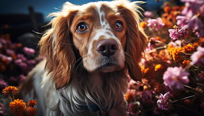 Cute puppy sitting outdoors, looking at you with love generated by AI