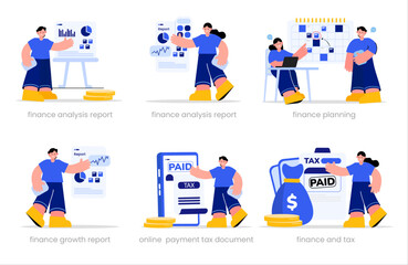 Obraz na płótnie Canvas Set of Finance. finance analysis report, finance analysis report, finance planning, finance growth report, online payment tax document, finance and tax. vector illustration