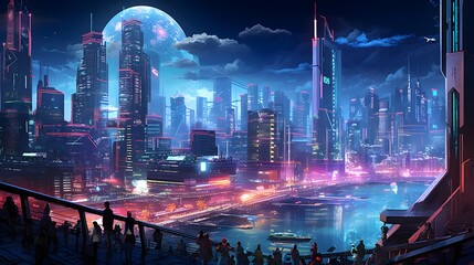 Futuristic city in the night. Panoramic view.