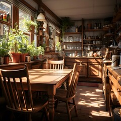 Interior of a restaurant with wooden tables, chairs, and plants