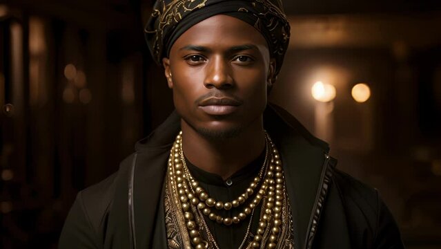 A young African man stands sporting an array of luxury garments that show off his toned physique. His black fitted jacket reflects