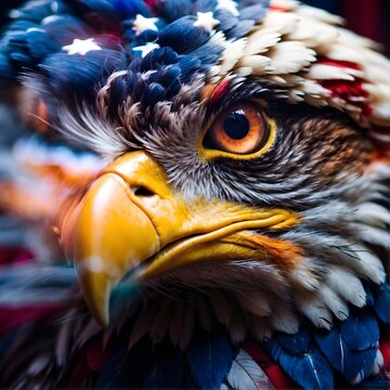 Fantastic eagle , Extreme closeup with fisheye , dynamic camera angle, dramatic blue light, colorful, fashion shoot, highly detailed , abstract , exploding colorful dust Generative AI