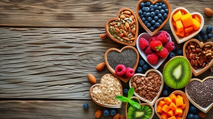 Heart-shaped dishes filled with a variety of superfoods, including fruits, nuts, and seeds, on a...