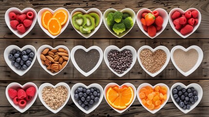 Heart-shaped dishes filled with a variety of superfoods, including fruits, nuts, and seeds, on a wooden background for healthy living.
