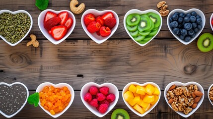 Naklejka premium Heart-shaped dishes filled with a variety of superfoods, including fruits, nuts, and seeds, on a wooden background for healthy living.