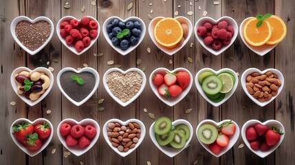 Heart-shaped dishes filled with a variety of superfoods, including fruits, nuts, and seeds, on a wooden background for healthy living.