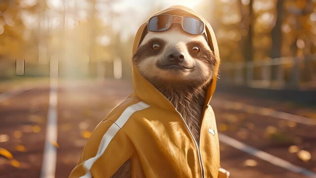A sloth wearing a track suit and sweatband but instead of running theyre leisurely strolling along the race track.
