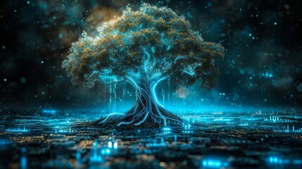 Futuristic Cybernetic Tree in Luminous Digital Landscape