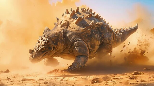 A ankylosaurus wallowing in a shallow pit of dusty earth its armored tail swinging back and forth to send dirt flying.