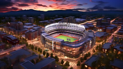 Aerial view of the baseball stadium at sunset. 3D rendering