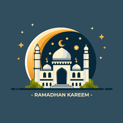 mosque with a crescent moon behind it and plants beside it and a star with two minarets for Ramadan greeting cards