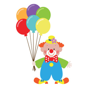 Cute circus clown with balloons vector cartoon illustration